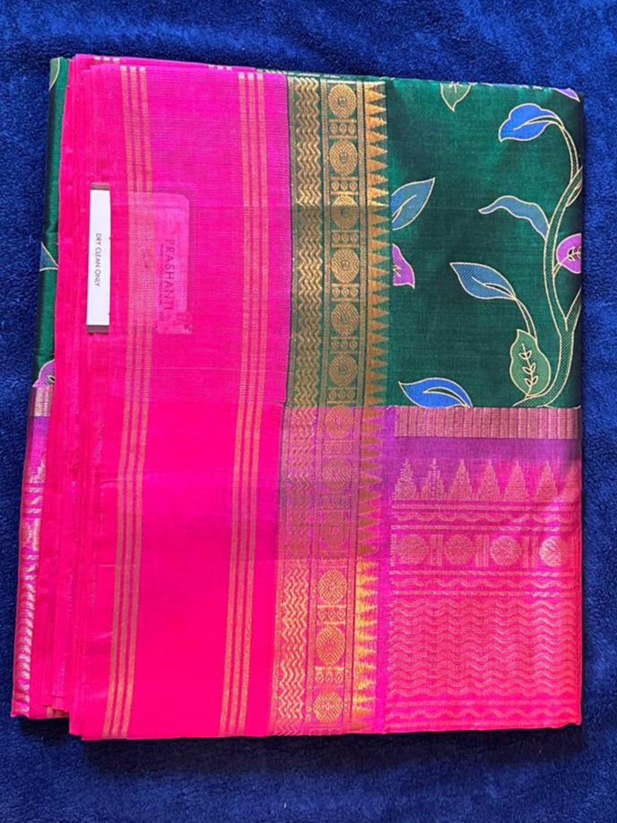 Silk Cotton Kalamkari - Dark Green with Rani Pink