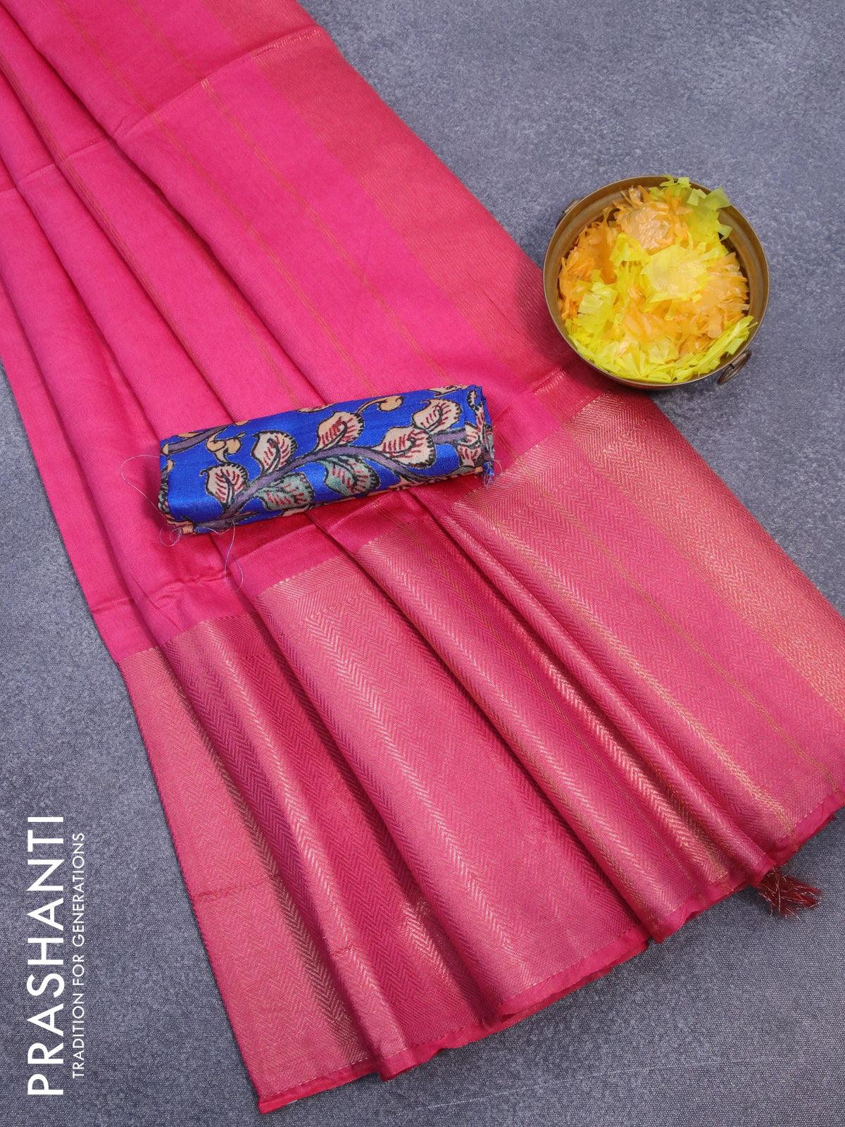 Semi tussar saree pink and royal blue with plain body and long copper zari woven border & kalamkari printed blouse