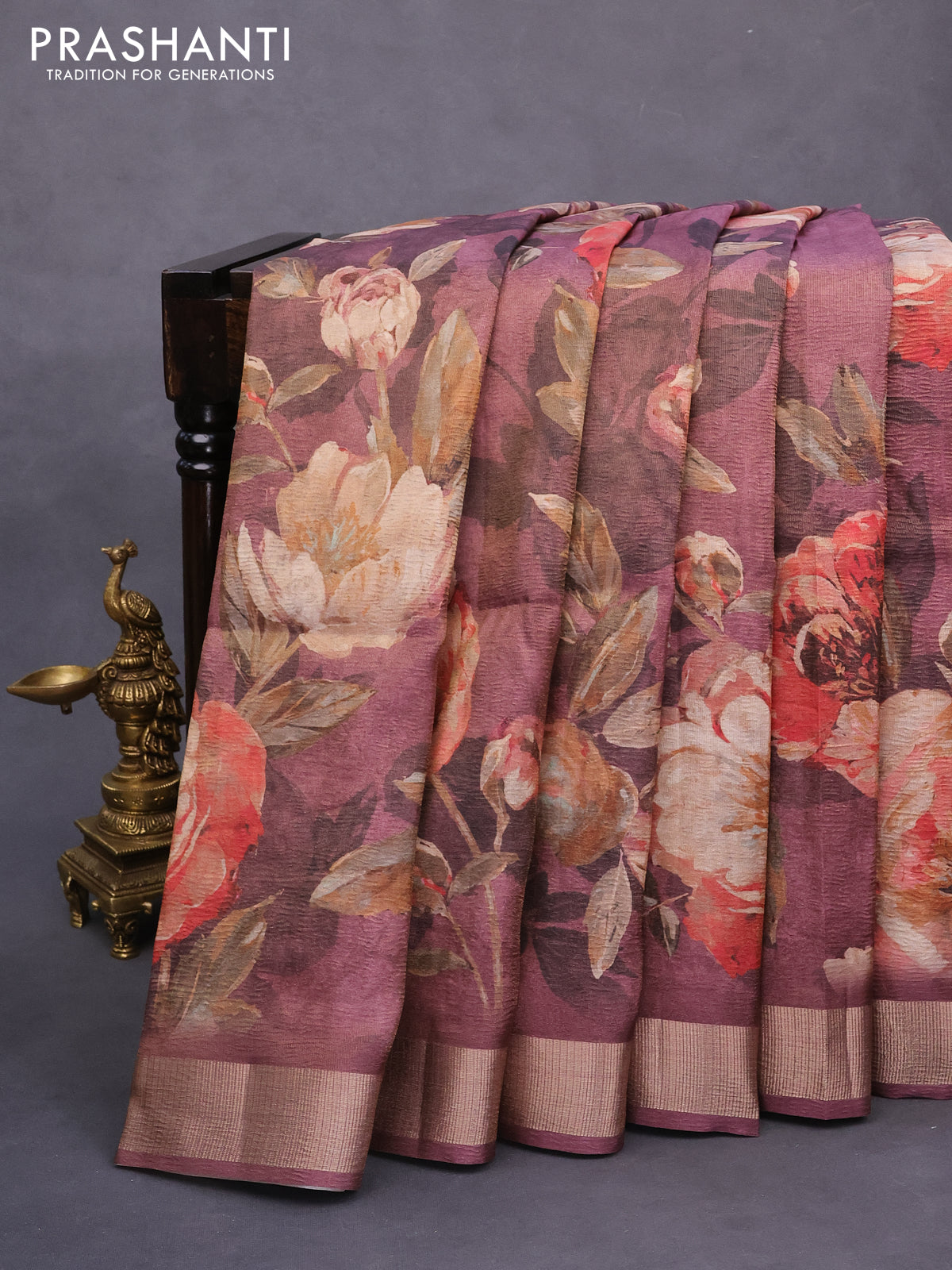 Crushed tissue saree wine shade with allover floral digital prints and zari woven border