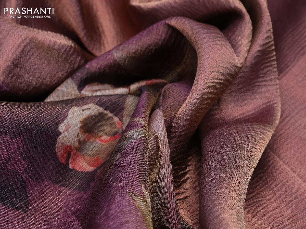 Crushed tissue saree wine shade with allover floral digital prints and zari woven border