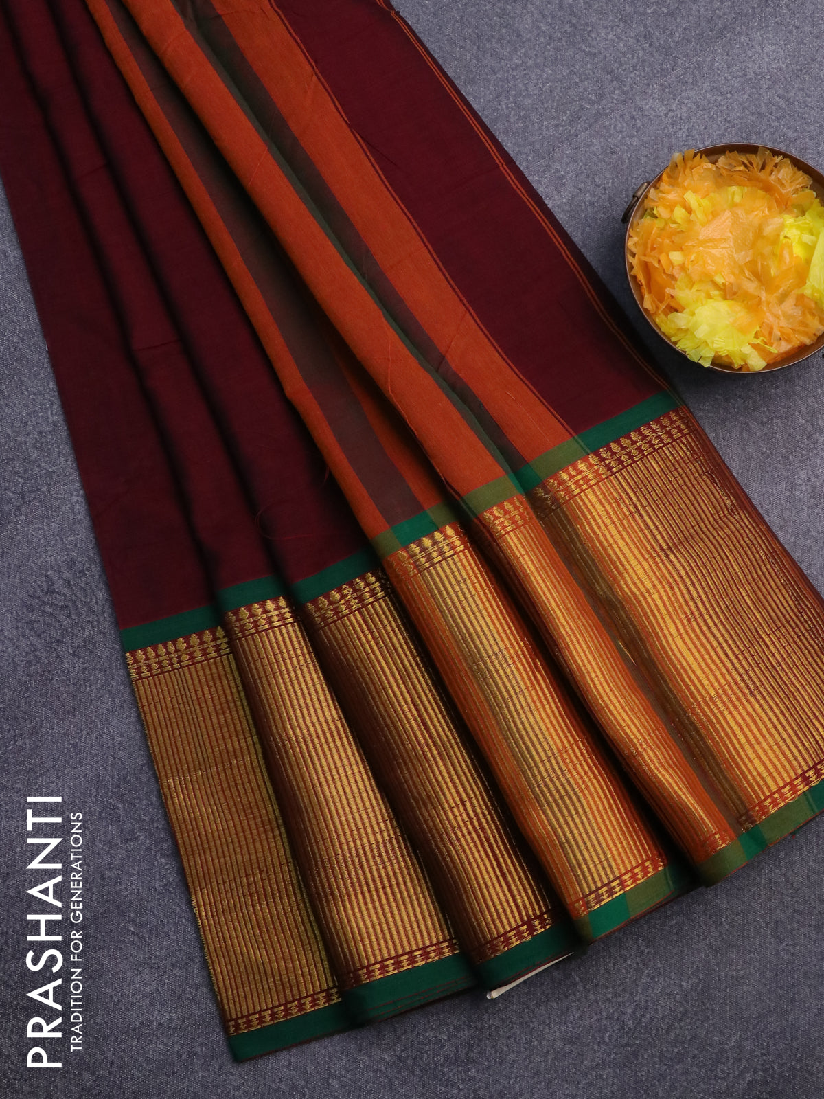 Narayanpet cotton saree maroon and green with plain body and long zari woven border