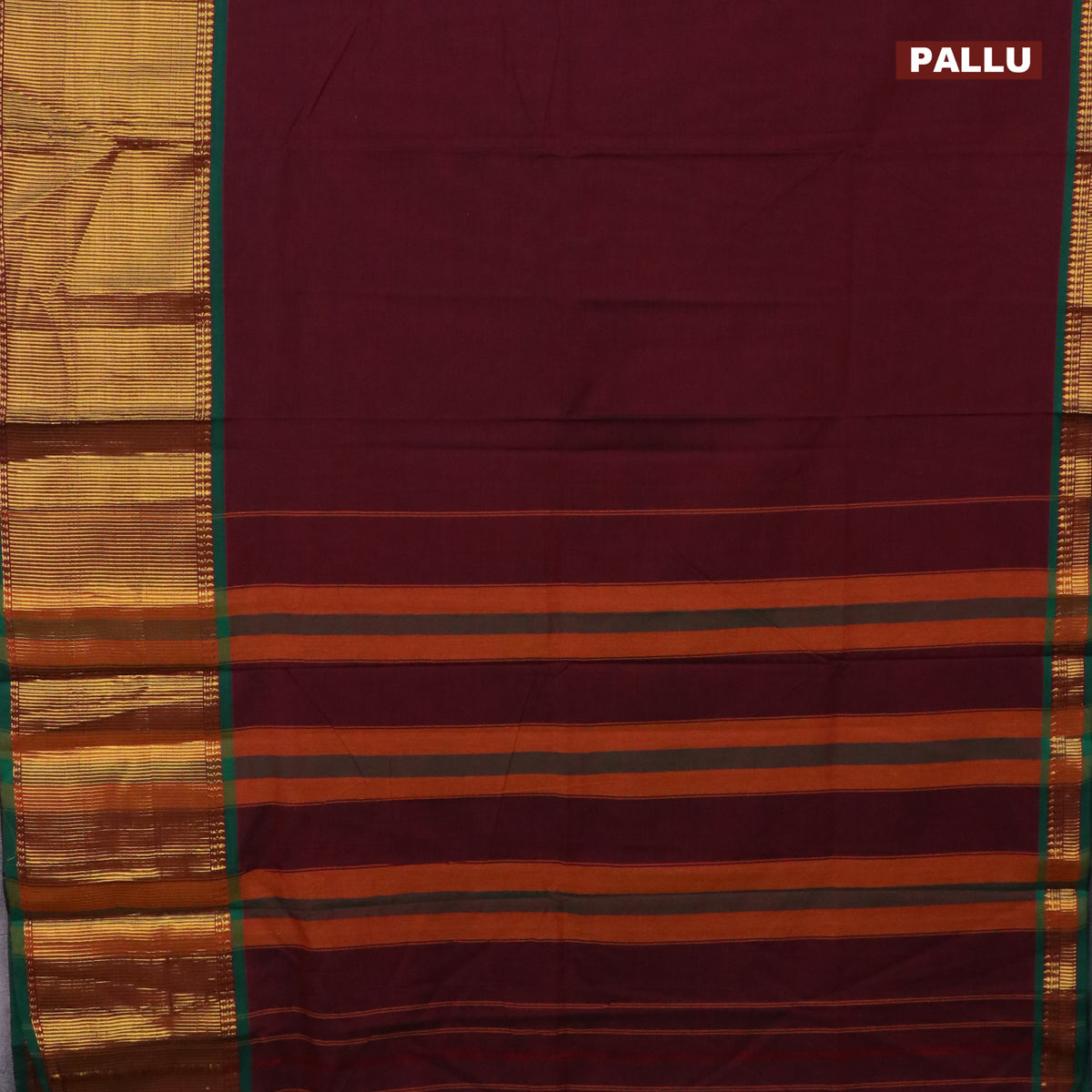 Narayanpet cotton saree maroon and green with plain body and long zari woven border