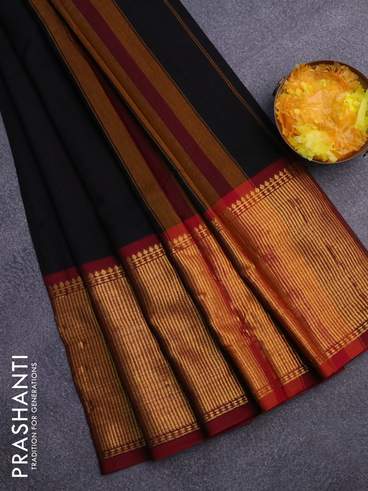 Narayanpet cotton saree black and maroon with plain body and long zari woven border