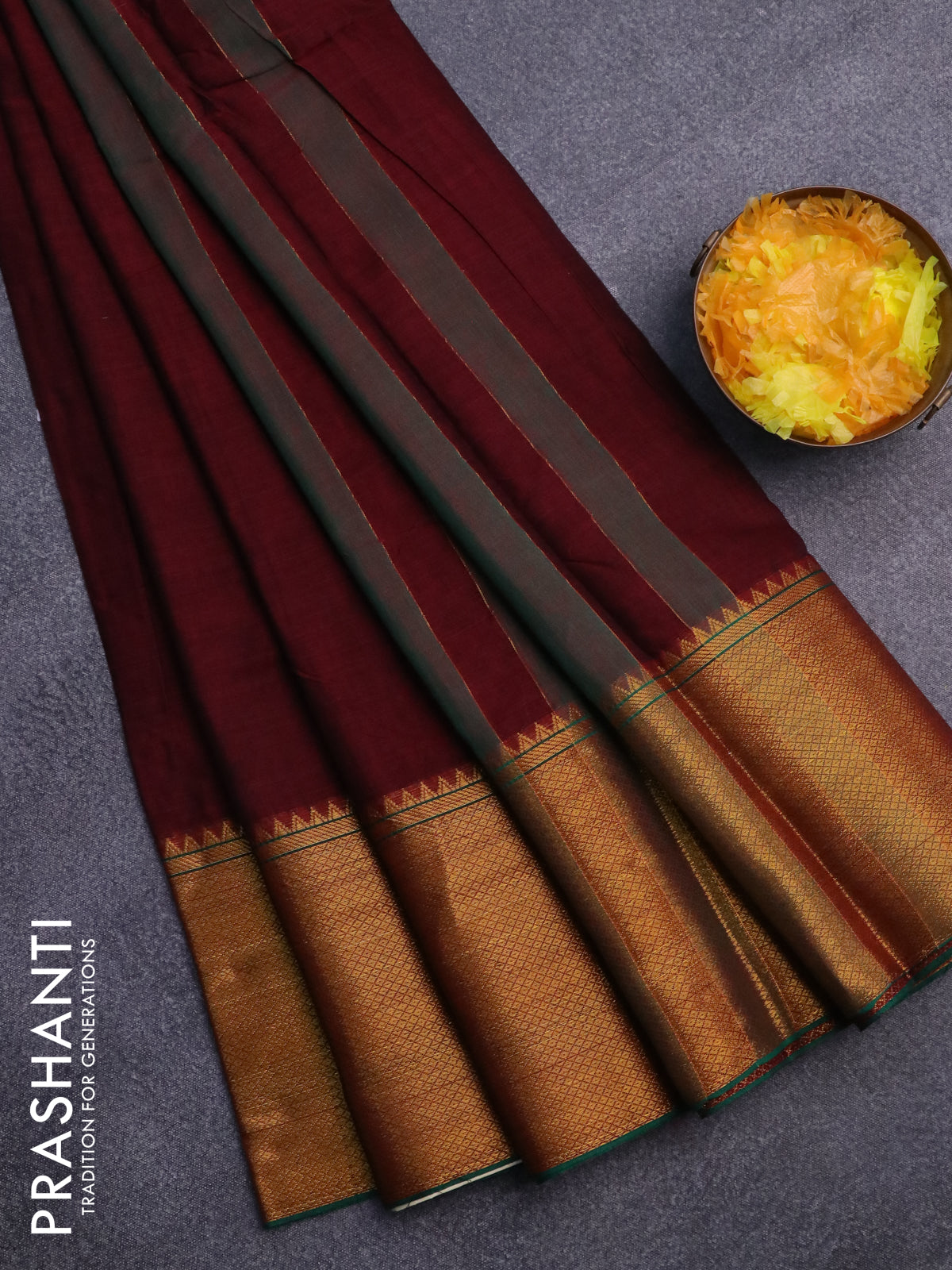 Narayanpet cotton saree maroon and green with plain body and long zari woven border