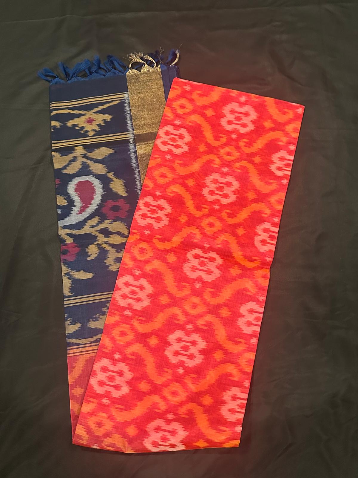 Ikat silk cotton saree orange and dark blue with allover ikat weaves and long ikat woven zari border