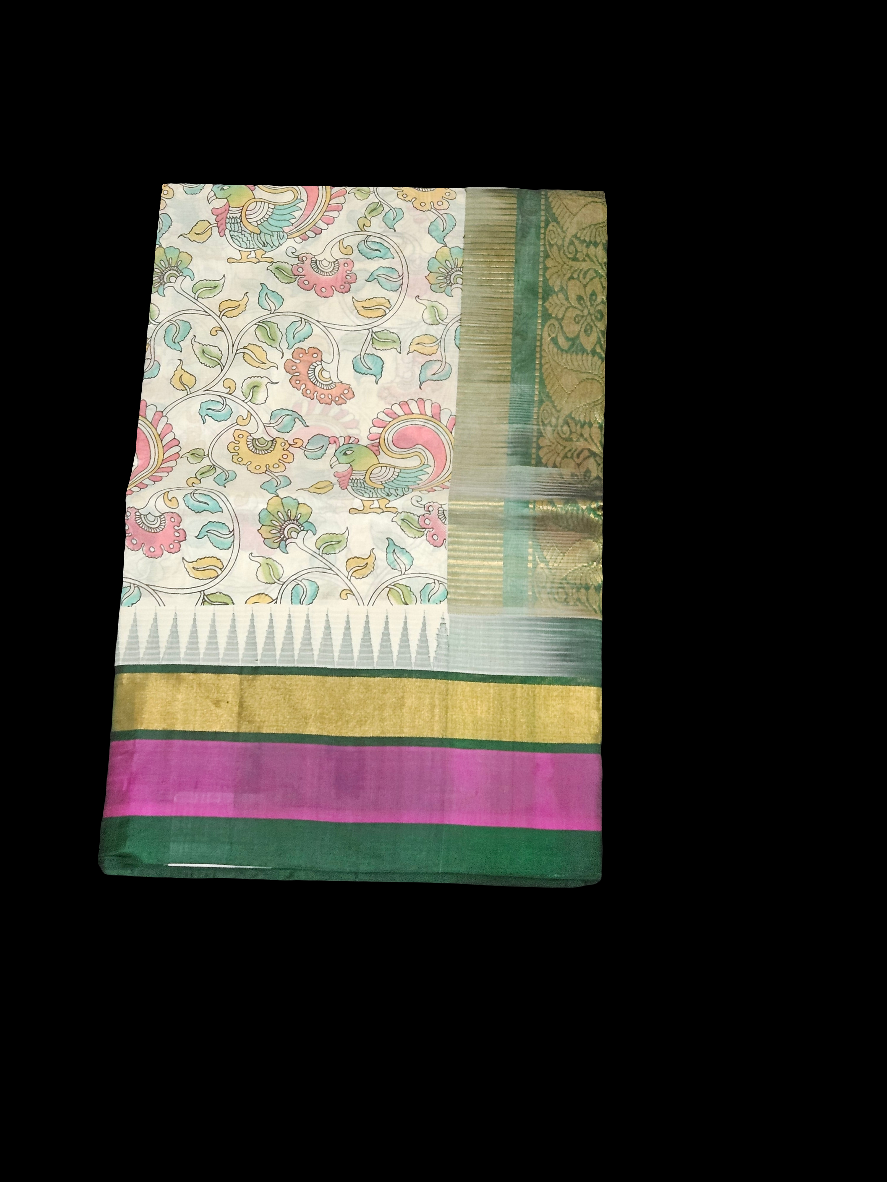 Silk Cotton Kalamkari - Cream with Dark Green