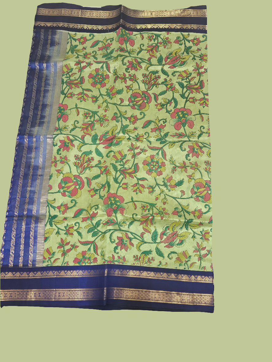 Silk Cotton Kalamkari - Olive Green wth Navy Blue