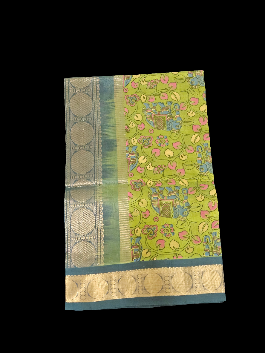 Silk Cotton Kalamkari - Mehandi Green with Dark Green