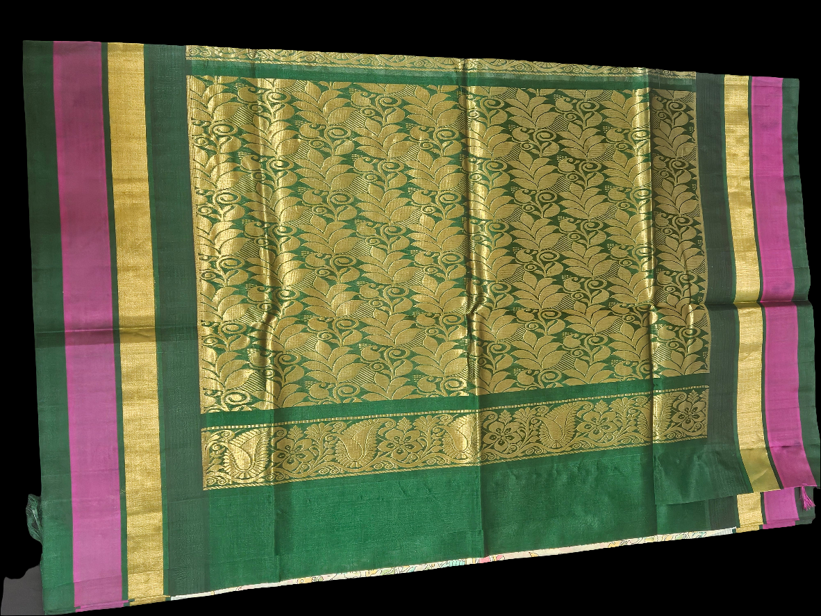 Silk Cotton Kalamkari - Cream with Dark Green
