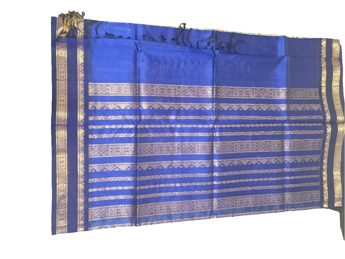 Silk Cotton Kalamkari - Olive Green wth Navy Blue