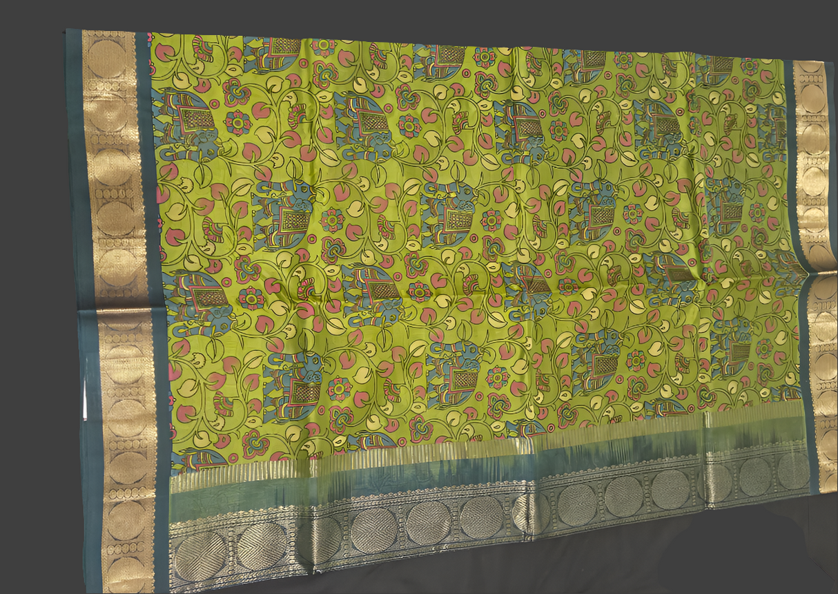 Silk Cotton Kalamkari - Mehandi Green with Dark Green
