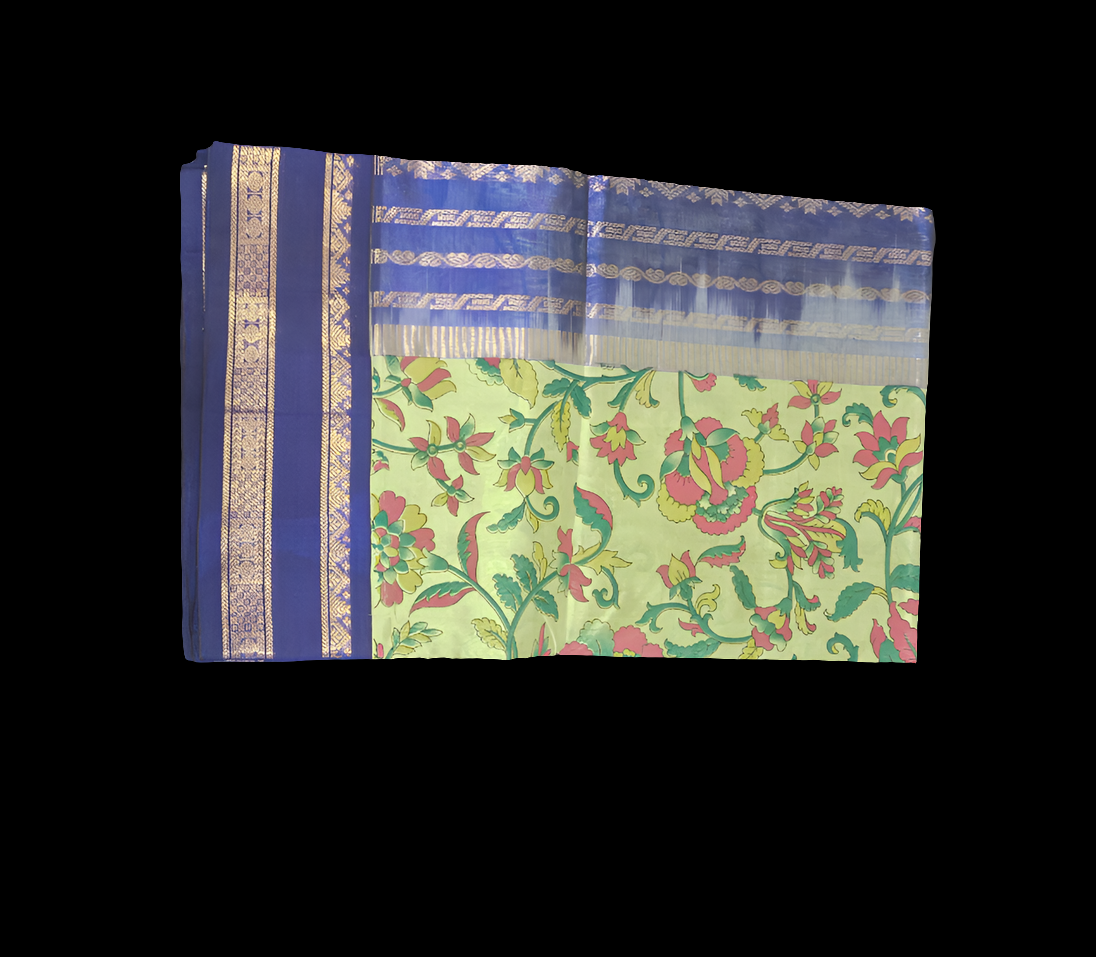Silk Cotton Kalamkari - Olive Green wth Navy Blue
