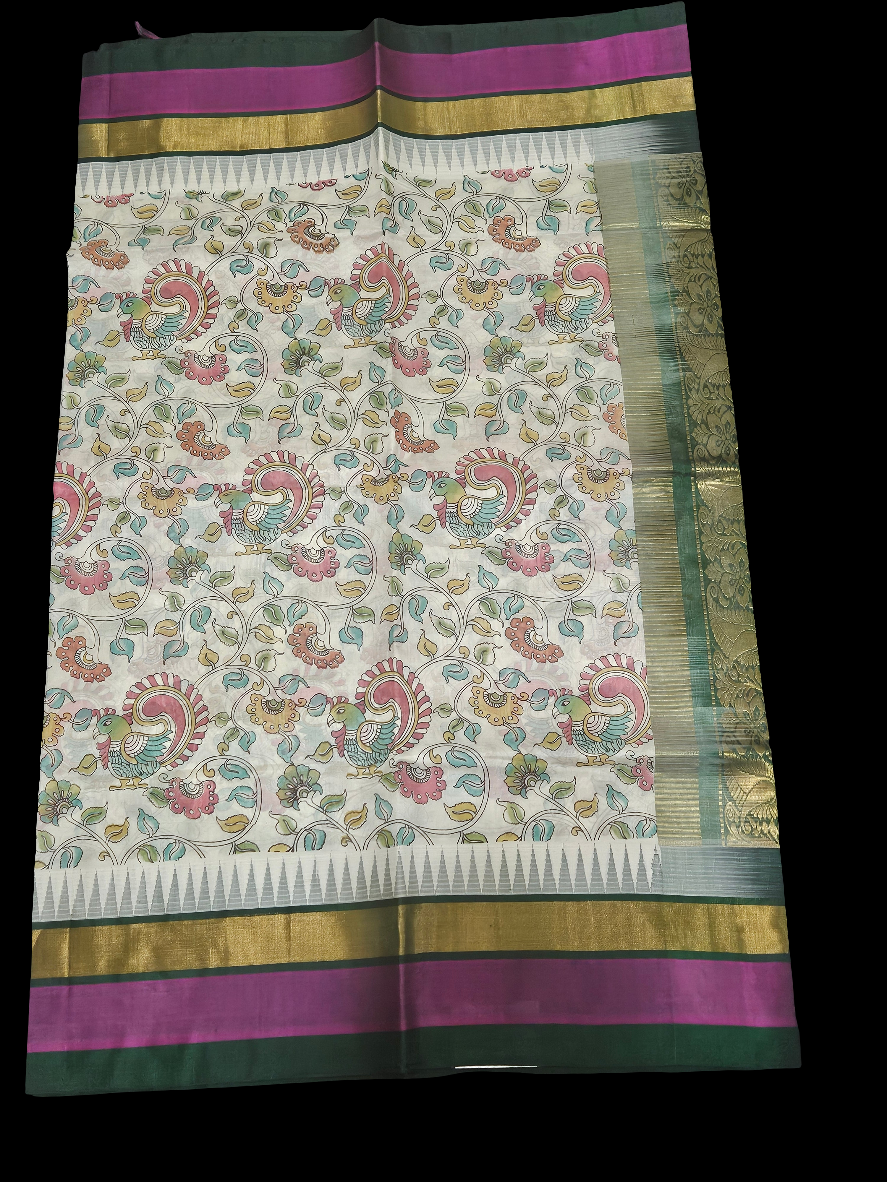 Silk Cotton Kalamkari - Cream with Dark Green