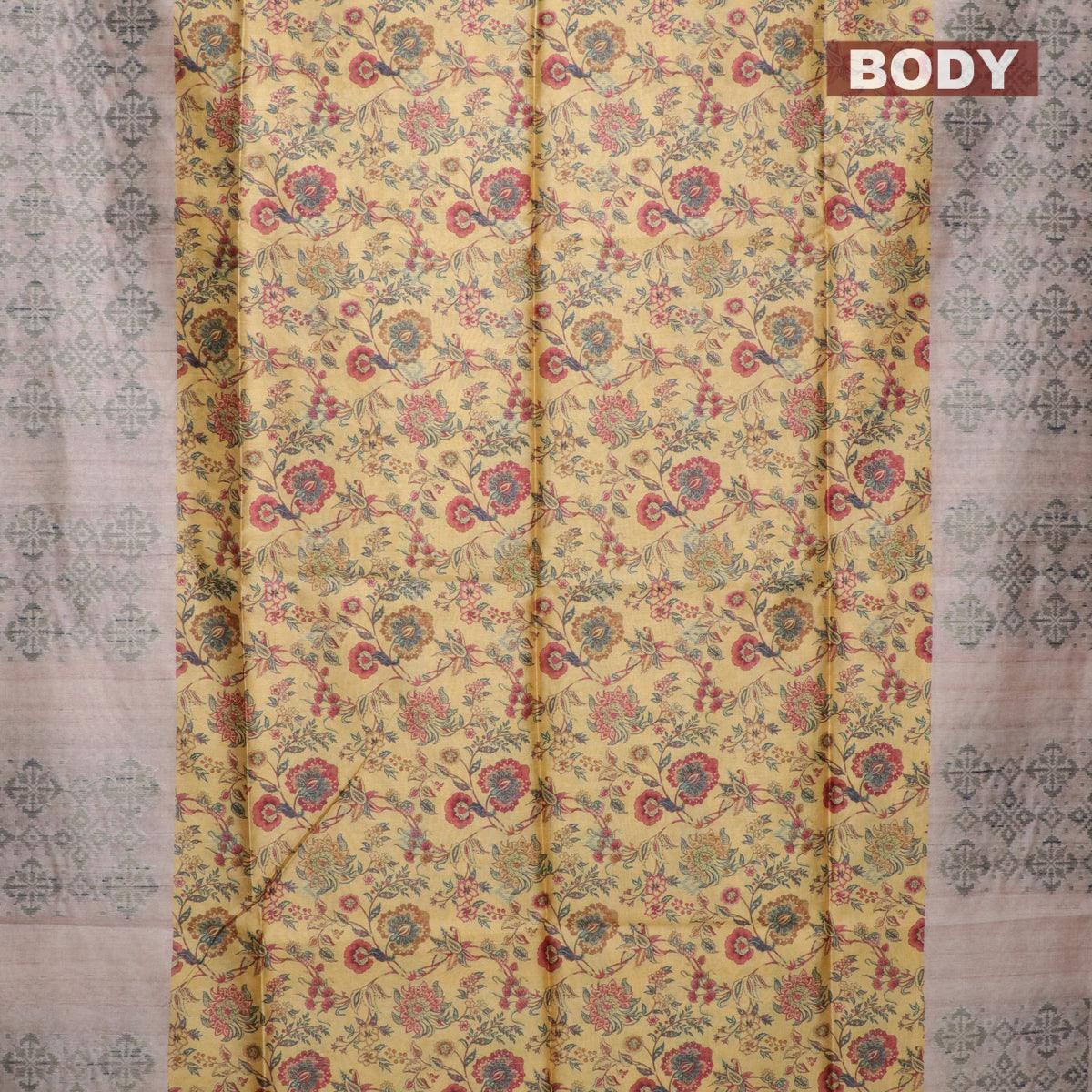 Semi jute silk saree orange and beige with allover floral prints woven buttas and woven border