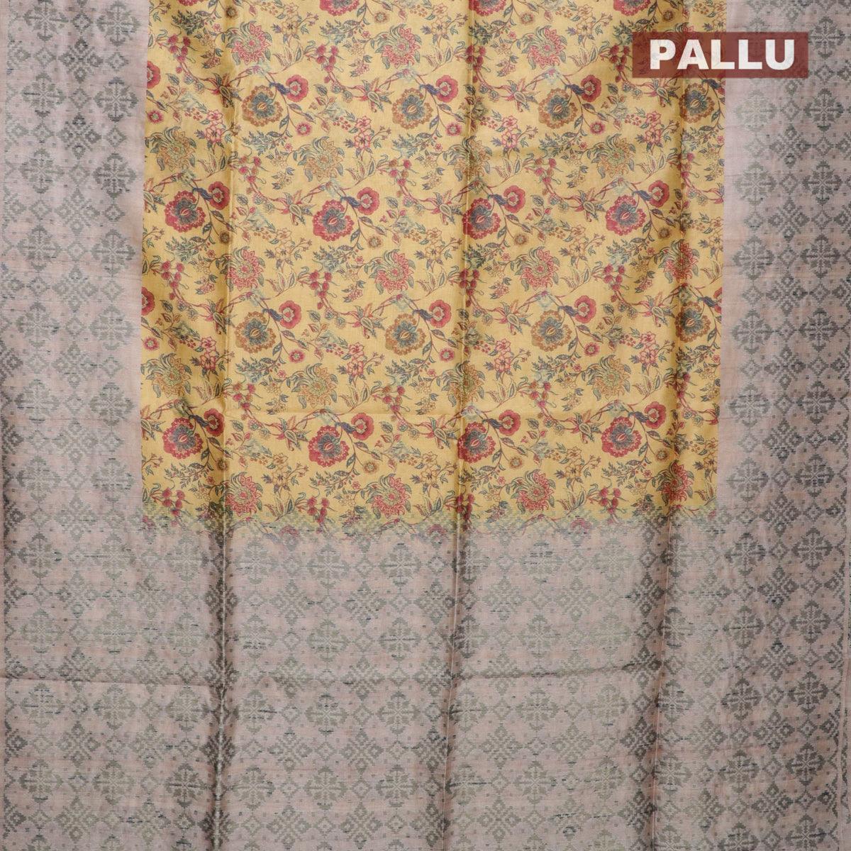 Semi jute silk saree orange and beige with allover floral prints woven buttas and woven border
