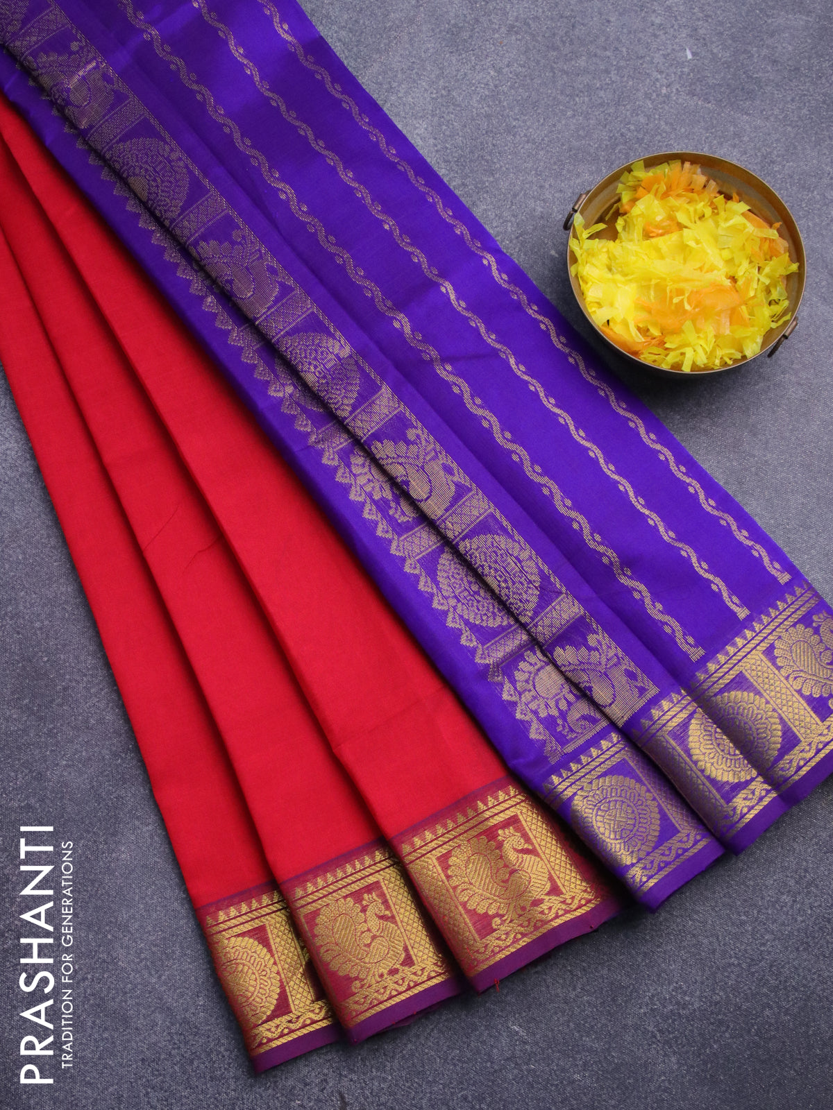 Silk cotton saree red and blue with plain body and annam & rudhraksha zari woven border