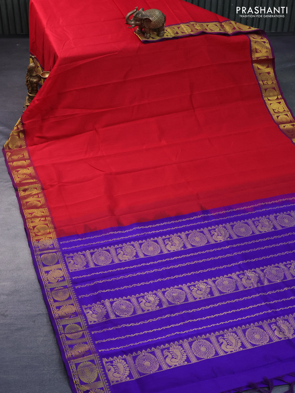 Silk cotton saree red and blue with plain body and annam & rudhraksha zari woven border