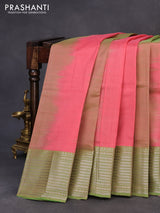 Mangalgiri silk cotton saree peach pink and green with plain body and silver zari woven border