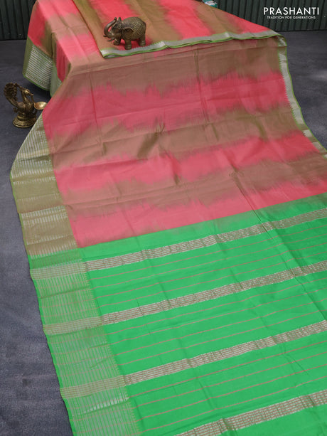 Mangalgiri silk cotton saree peach pink and green with plain body and silver zari woven border