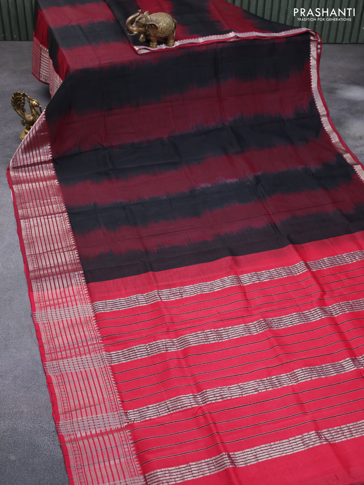 Mangalgiri silk cotton saree black maroon and red with plain body and silver zari woven border