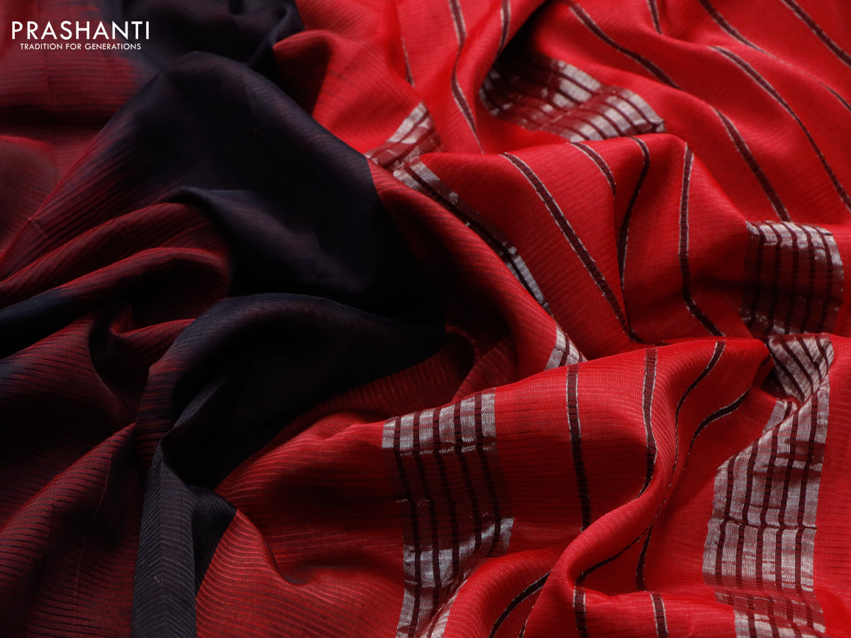 Mangalgiri silk cotton saree black maroon and red with plain body and silver zari woven border