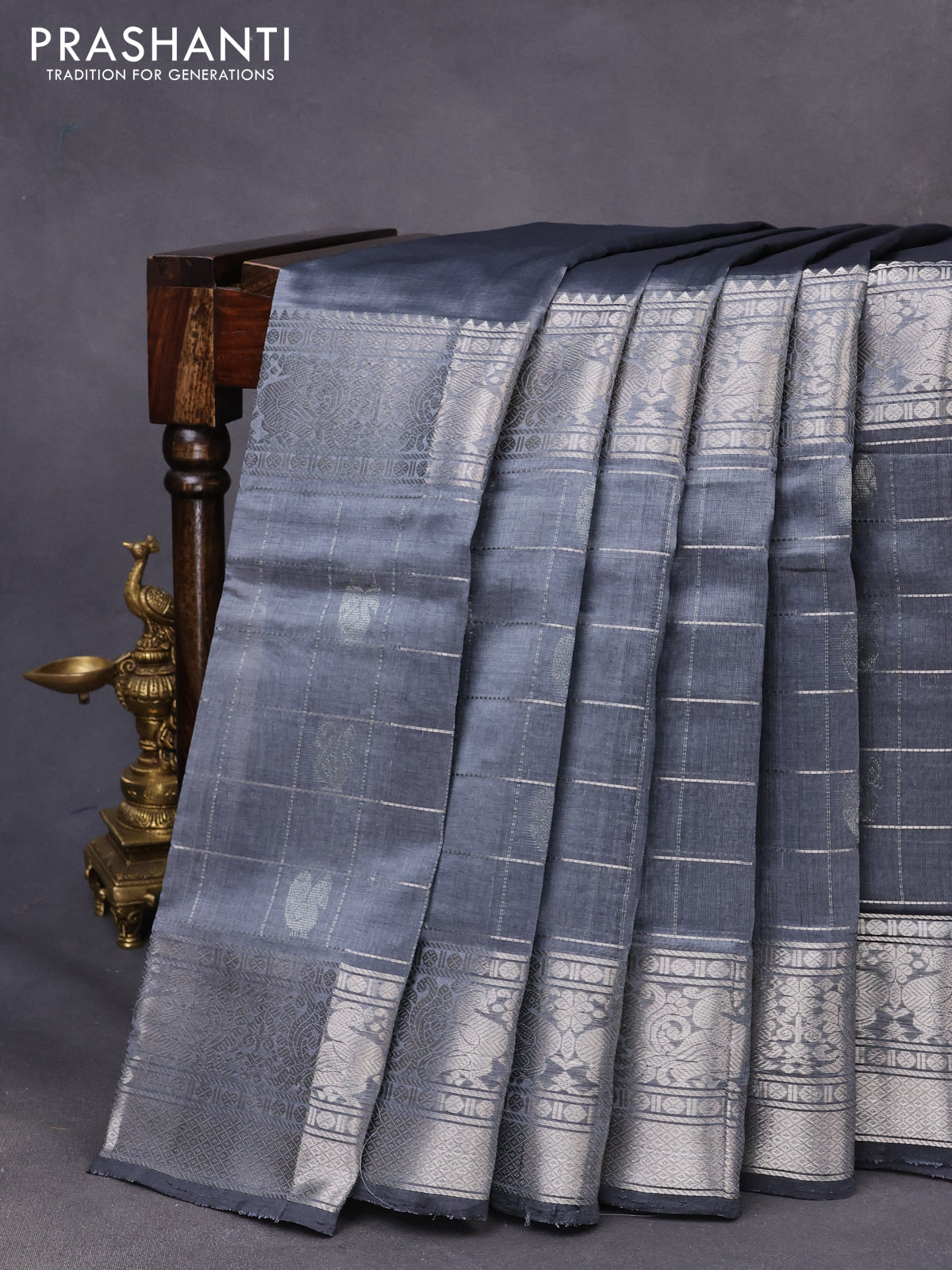 Mangalgiri silk cotton saree grey with plain body and long silver zari woven border