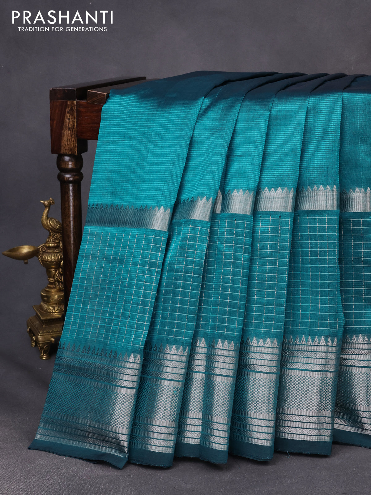 Mangalgiri silk cotton saree peacock blue with plain body and long silver zari woven border