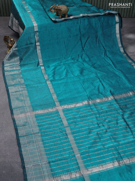 Mangalgiri silk cotton saree peacock blue with plain body and long silver zari woven border