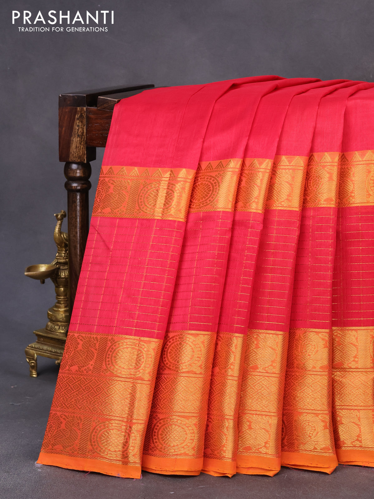 Mangalgiri silk cotton saree pink and mustard yellow with plain body and long zari woven border