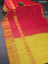 Mangalgiri silk cotton saree pink and mustard yellow with plain body and long zari woven border