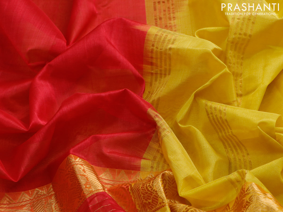 Mangalgiri silk cotton saree pink and mustard yellow with plain body and long zari woven border