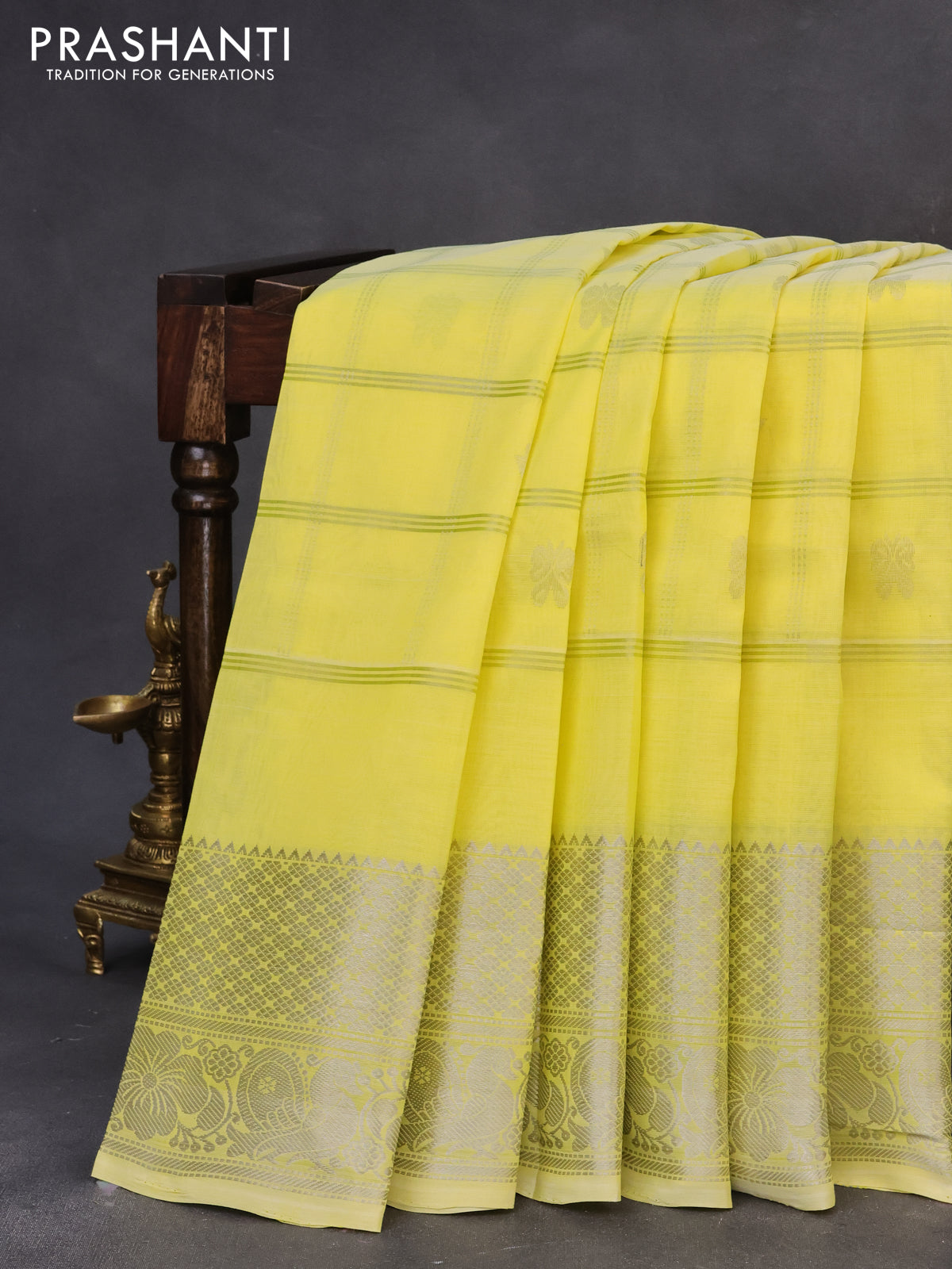 Mangalgiri silk cotton saree lime yellow with allover silver zari checks & buttas and silver zari woven border