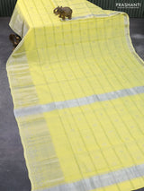 Mangalgiri silk cotton saree lime yellow with allover silver zari checks & buttas and silver zari woven border