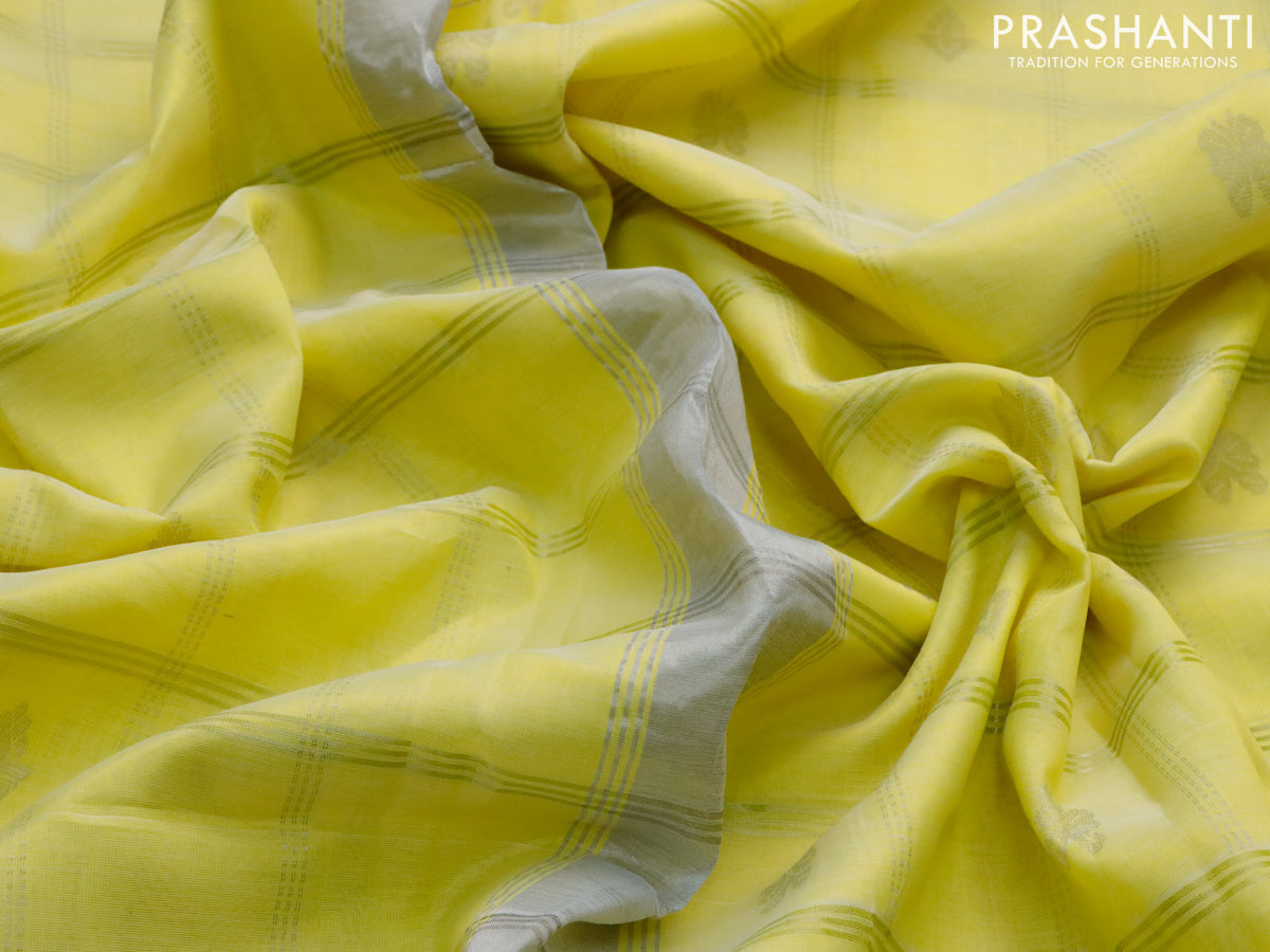 Mangalgiri silk cotton saree lime yellow with allover silver zari checks & buttas and silver zari woven border