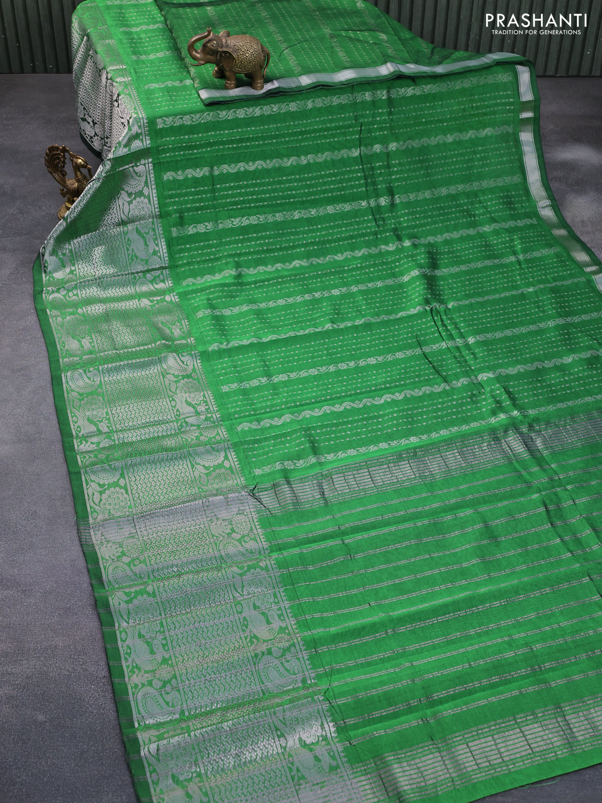 Mangalgiri silk cotton saree green with allover silver zari weaves and long silver zari woven border