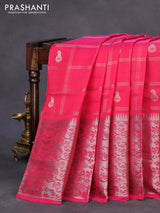 Mangalgiri silk cotton saree pink with allover silver zari checks & buttas and silver zari woven border