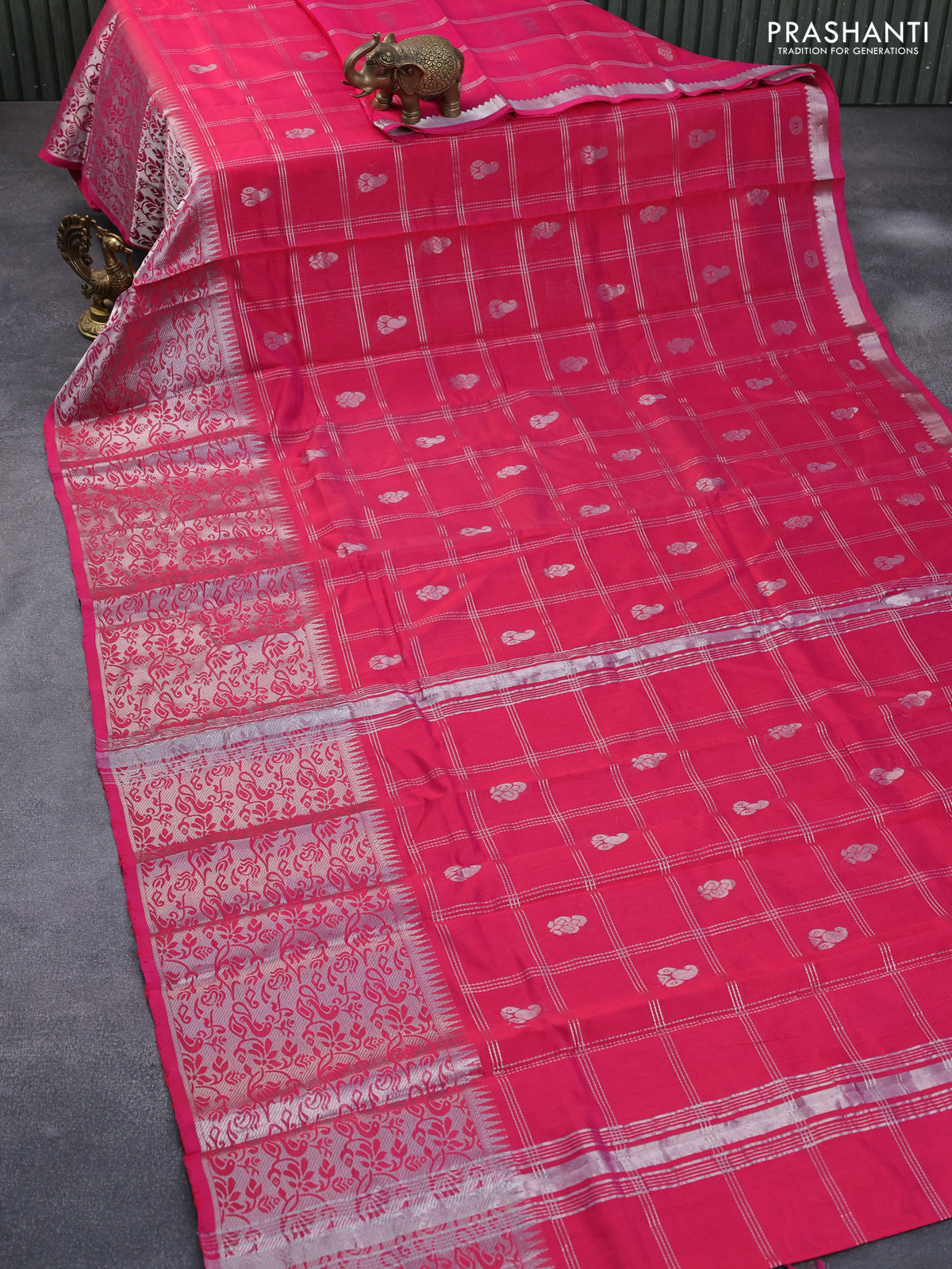 Mangalgiri silk cotton saree pink with allover silver zari checks & buttas and silver zari woven border