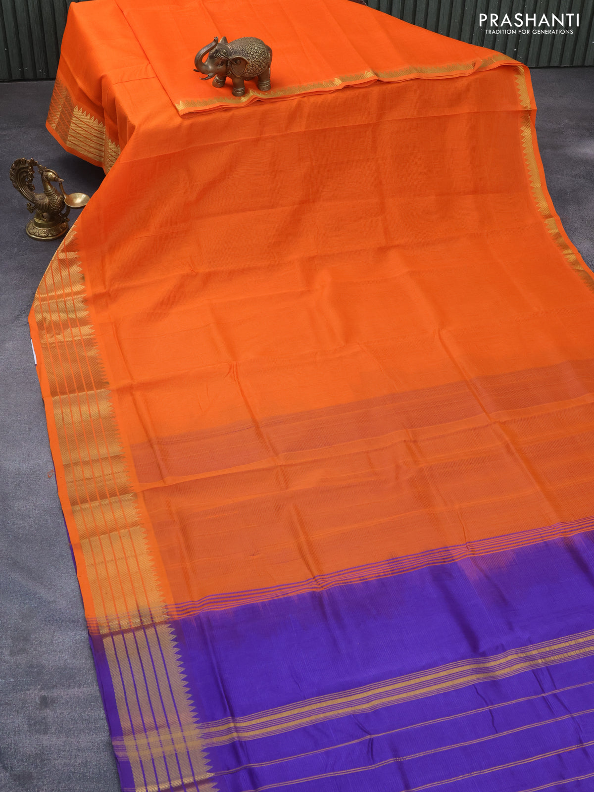 Mangalgiri silk cotton saree orange and blue with plain body and zari woven border