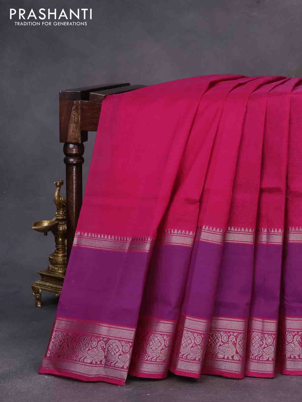 Mangalgiri silk cotton saree dark pink and dual shade of blue with plain body and long rettapet silver zari woven border