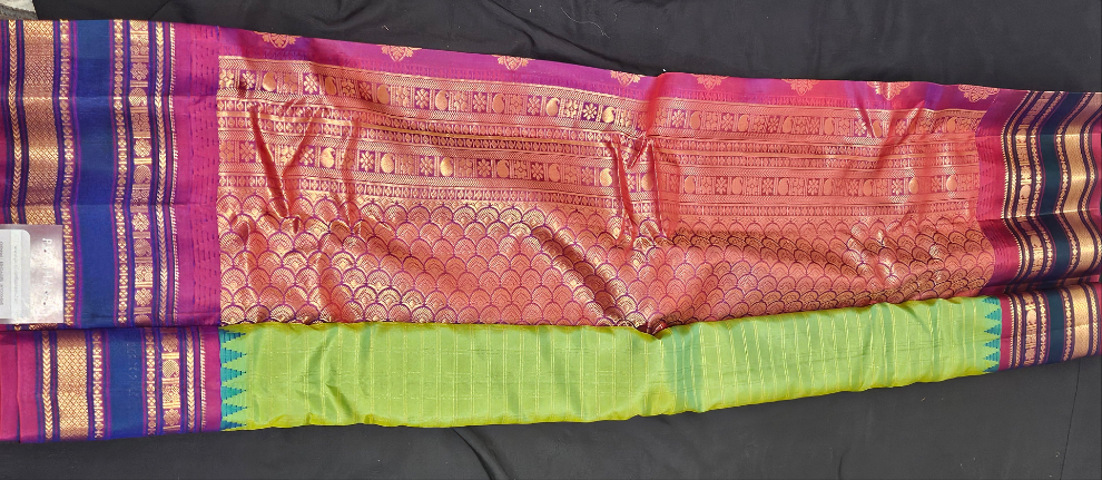 Gadwal Silk - Parrot Green with Blue