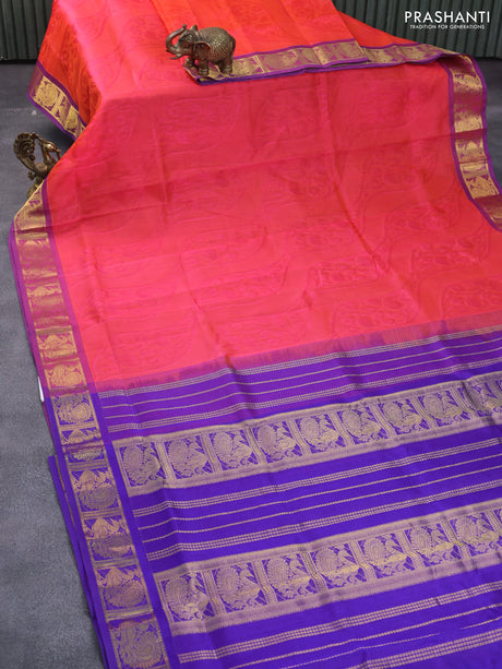 Silk cotton saree dual shade of candy pink and blue with allover self emboss jaquard and annam zari woven border