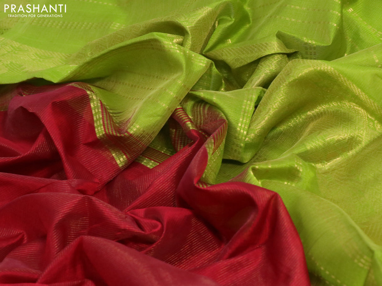 Silk cotton saree kumkum red and light green with allover vairaosi pattern and zari woven border