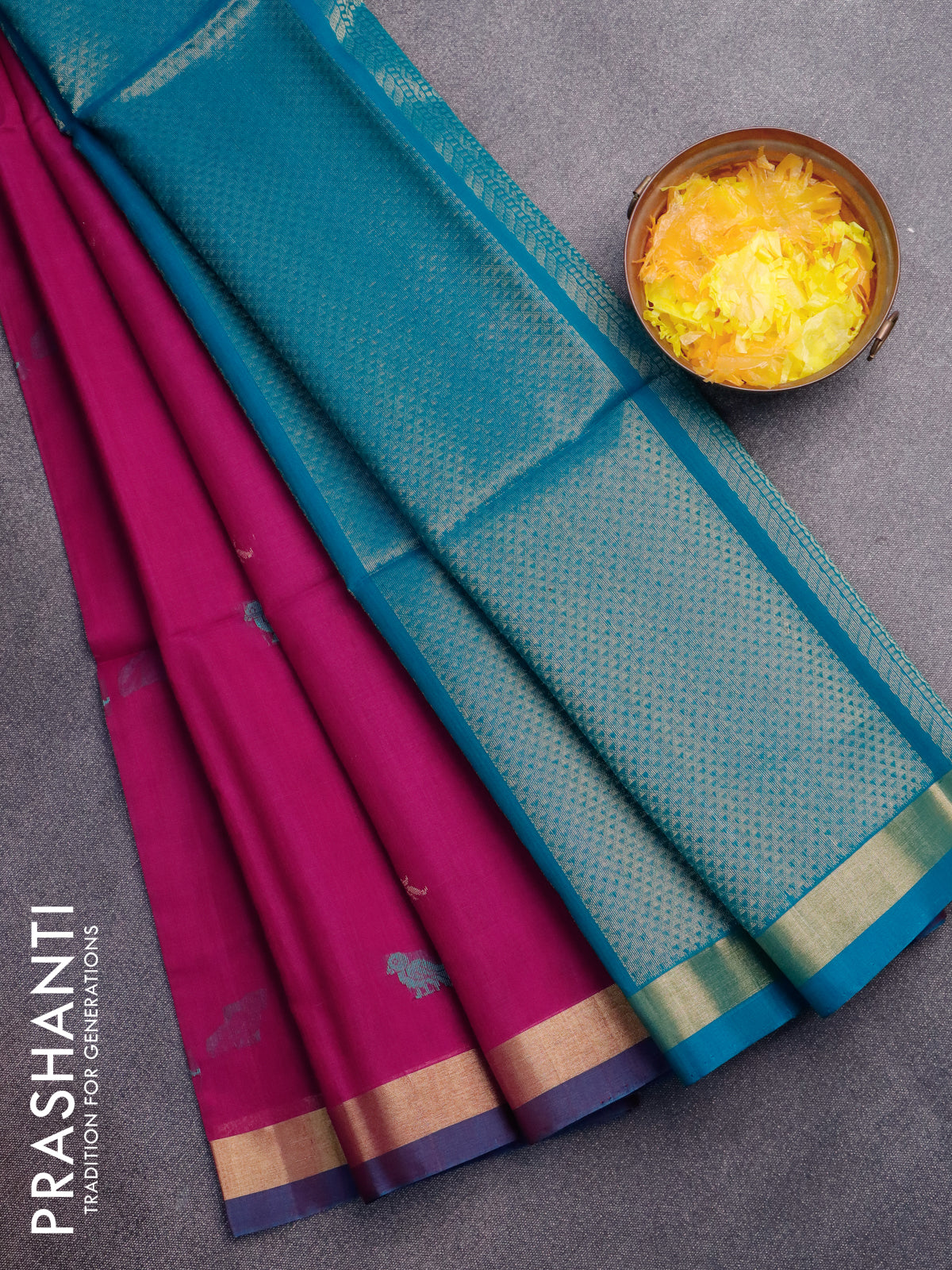 Kora silk cotton saree dark magenta and teal blue with thread & zari woven buttas and zari woven border