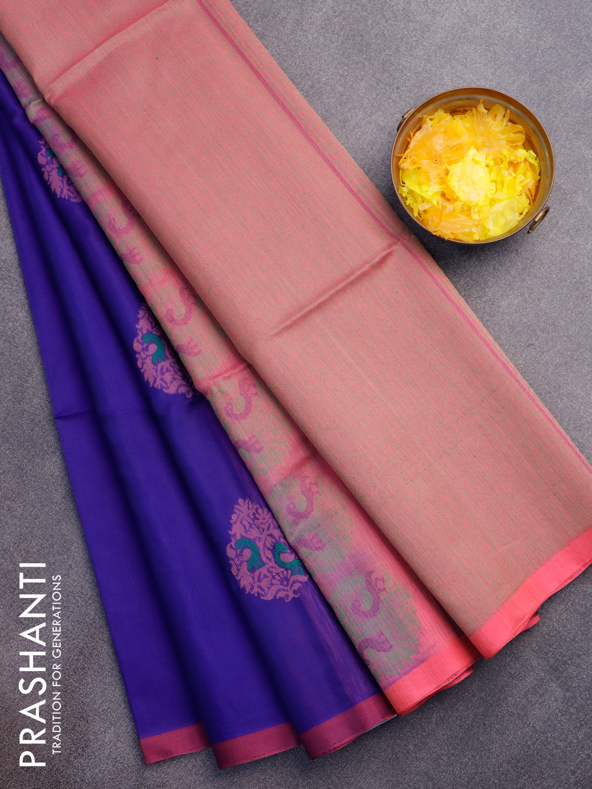 Kora silk cotton saree blue and candy pink with thread woven buttas and simple border