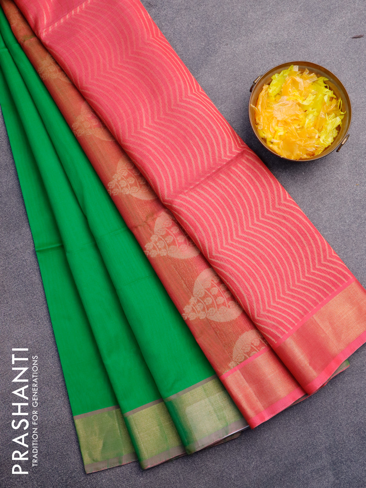 Kora silk cotton saree green and pink with zari woven buttas and zari woven border