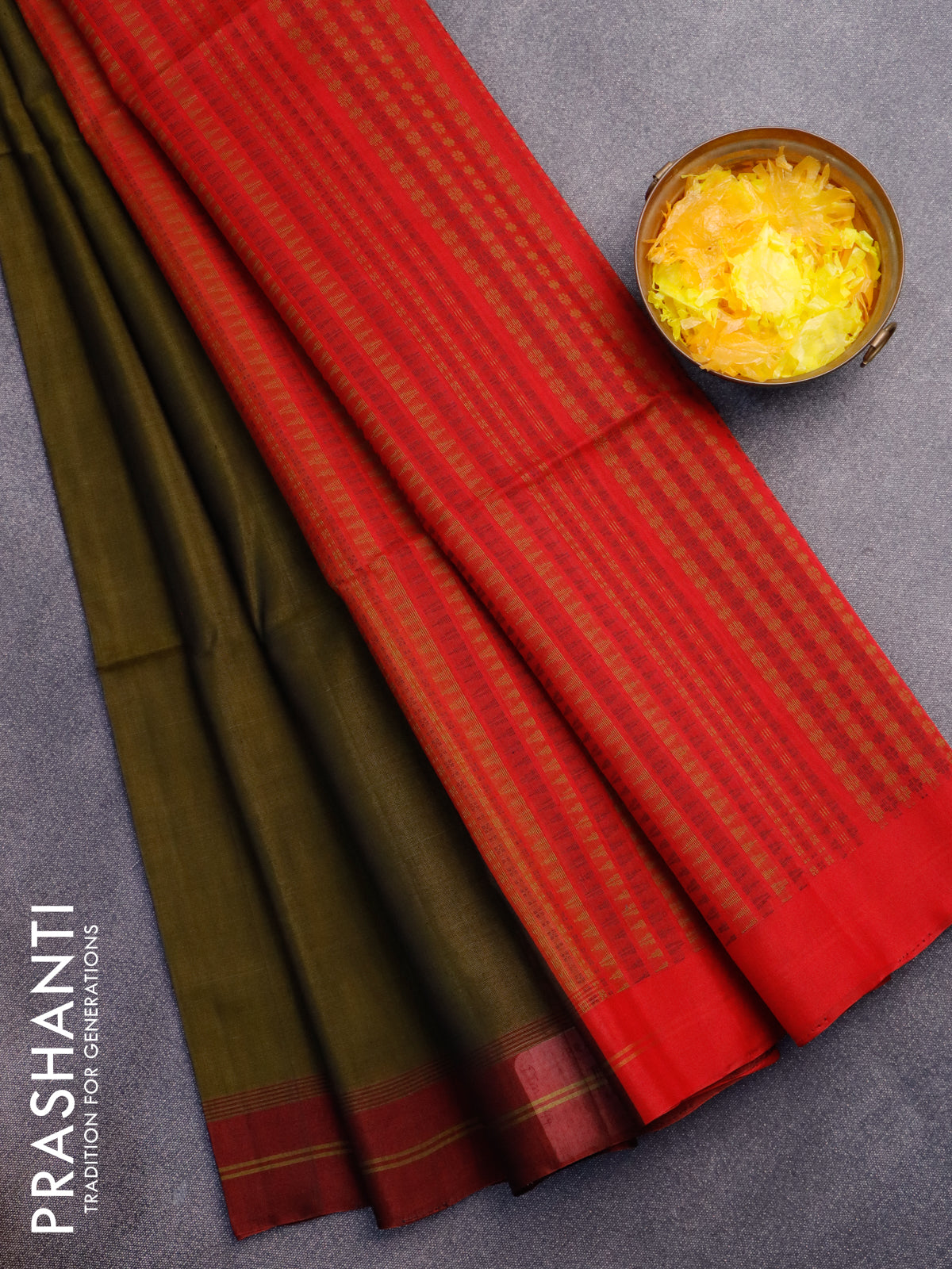 Kora silk cotton saree sap green and red with thread woven geometric buttas and simple border