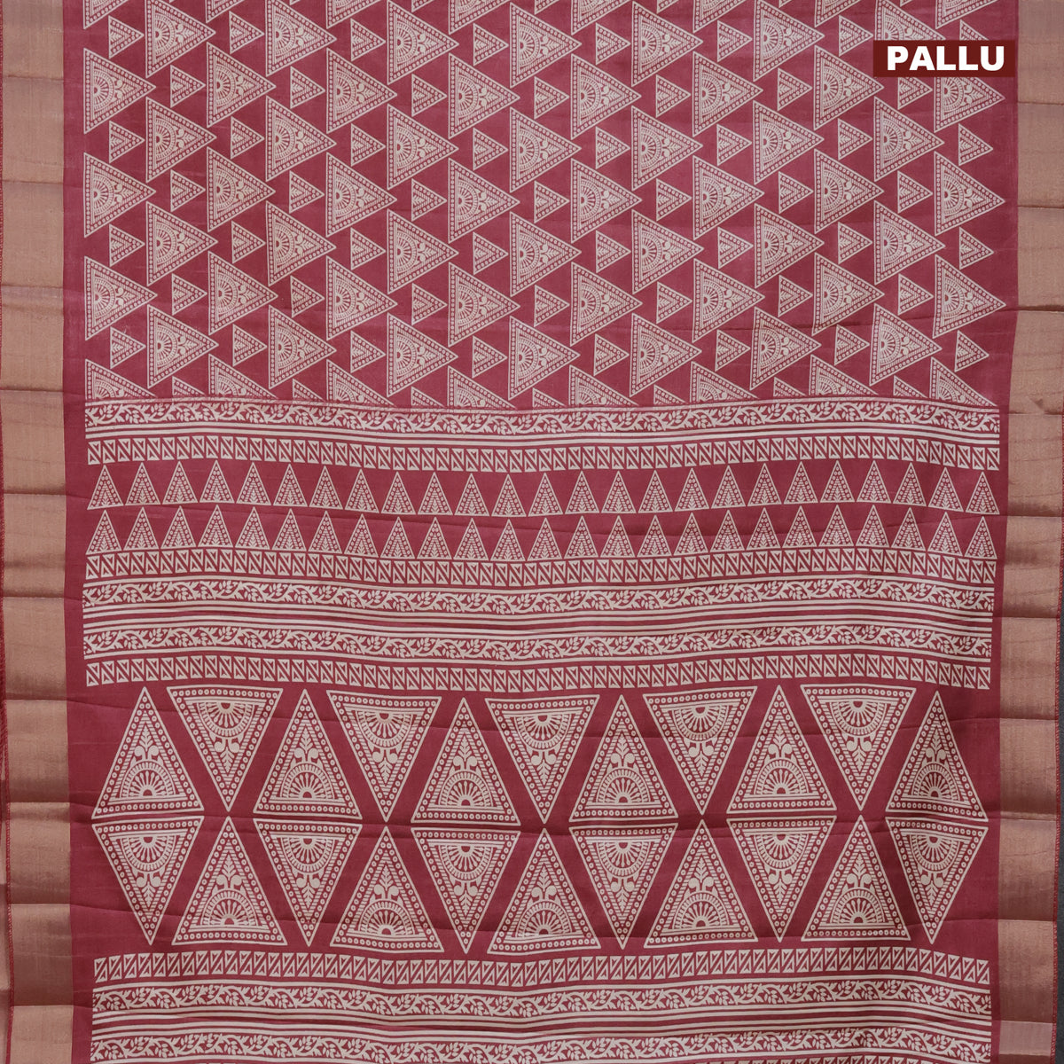 Semi tussar saree maroon with allover geometric prints and zari woven border