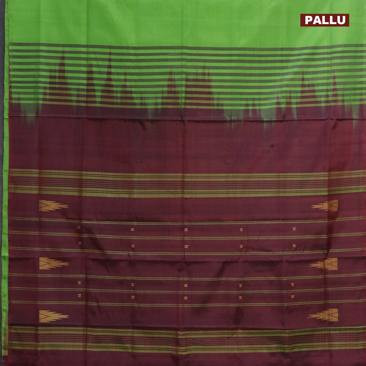 Banana pith saree parrot green and maroon with thread woven buttas in borderless style