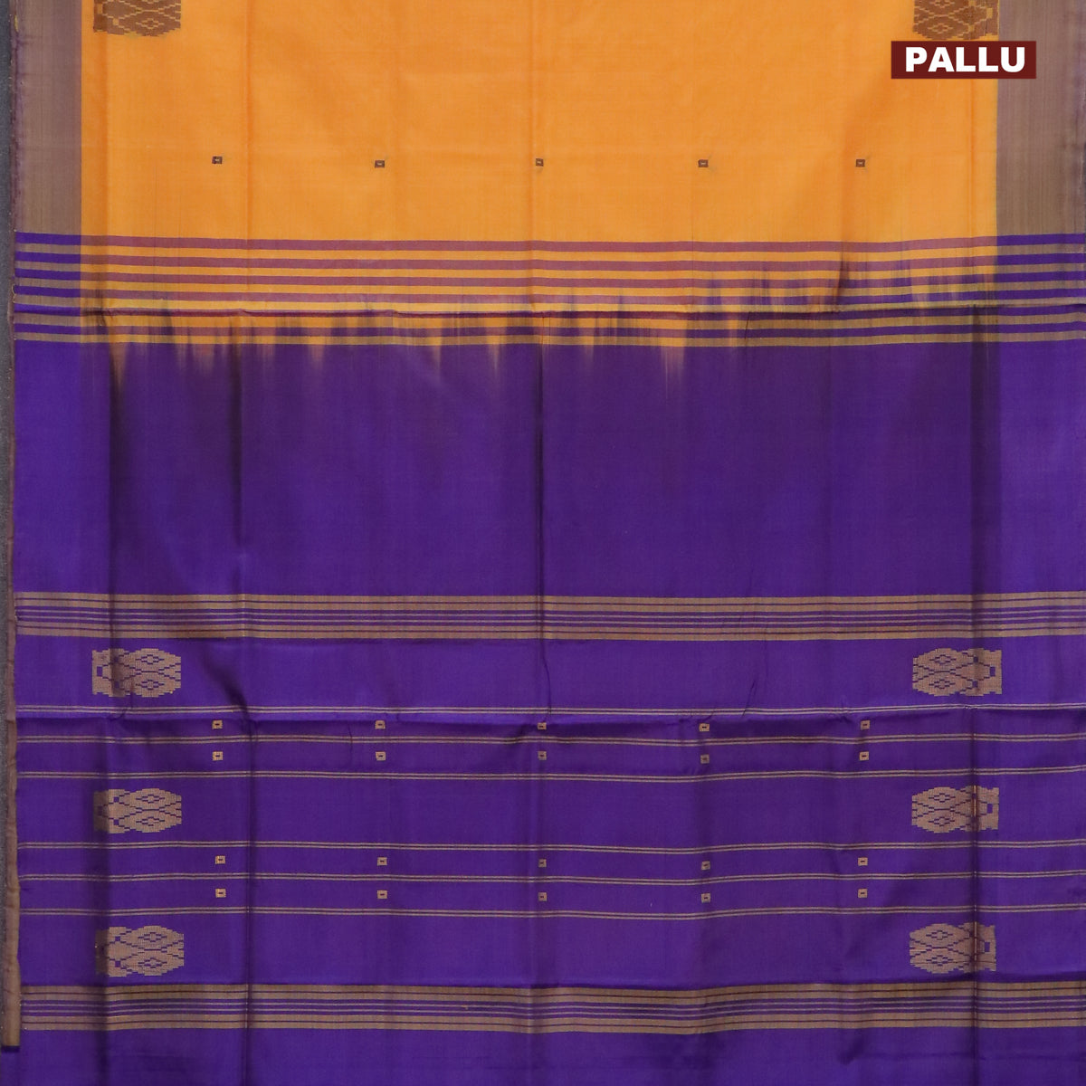 Banana pith saree mango yellow and violet with thread woven buttas and contrast border