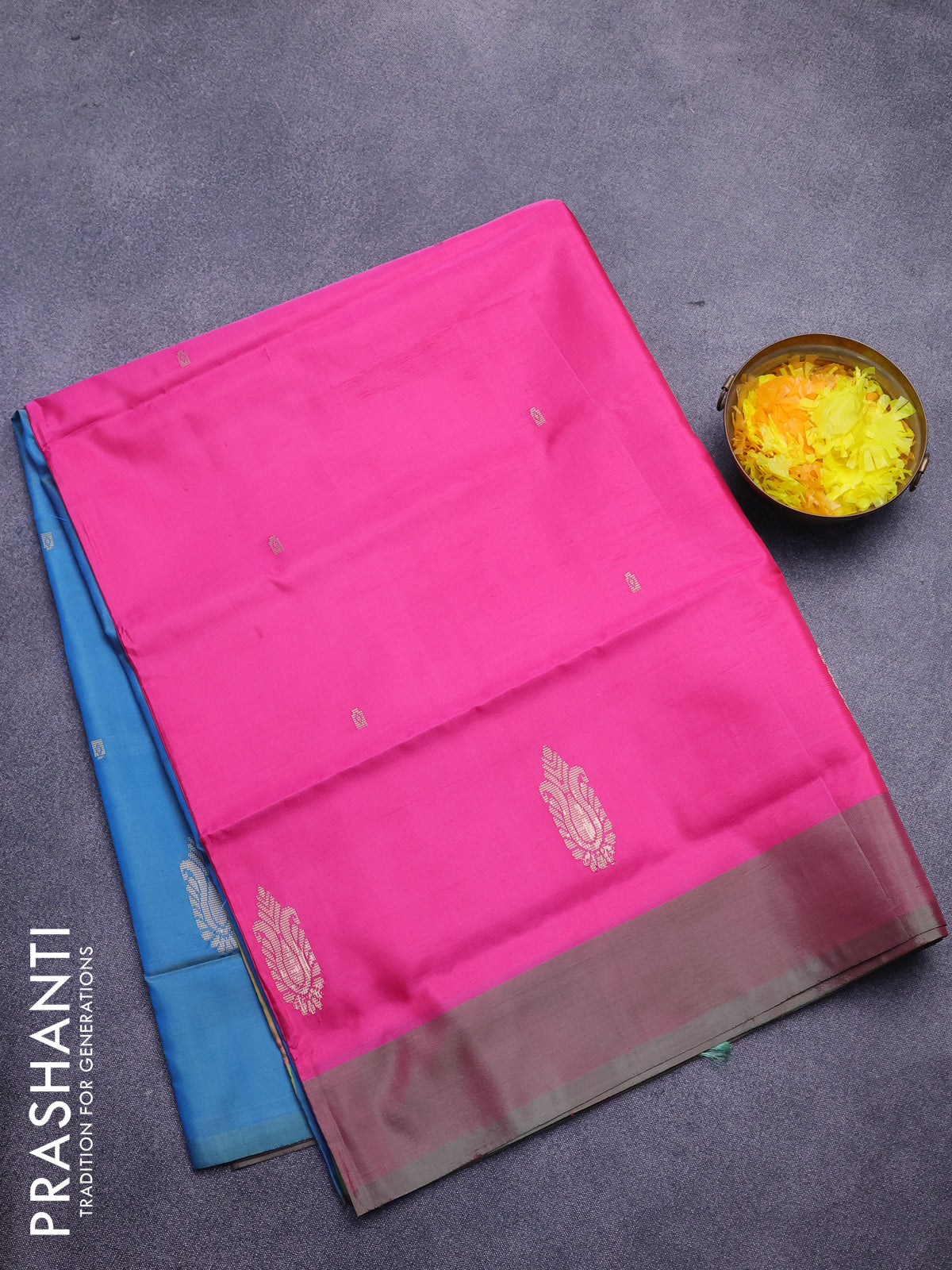 Banana pith saree pink and teal blue with thread woven buttas and contrast border